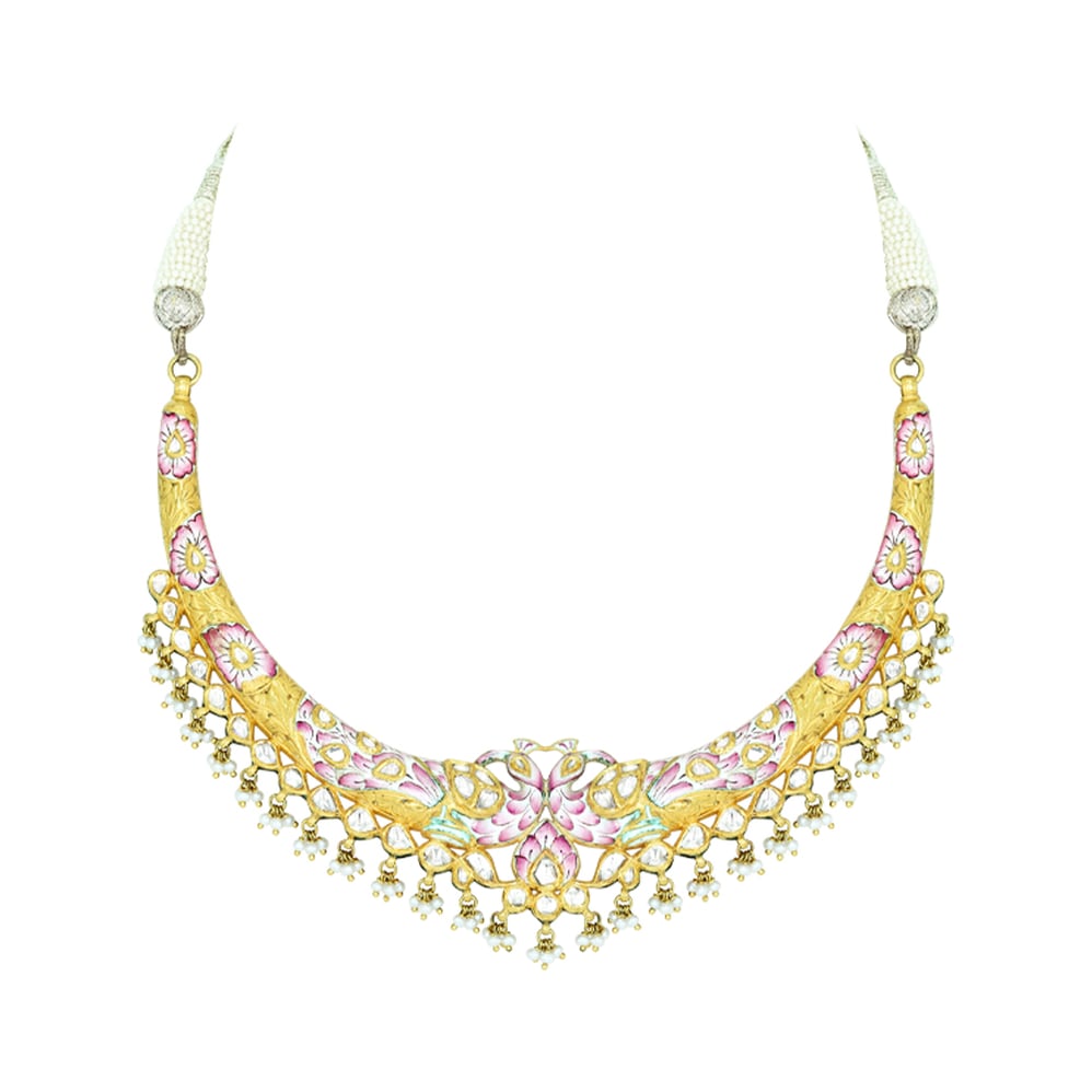 Hasli Necklace with Pink Enamel and Polki Pearls